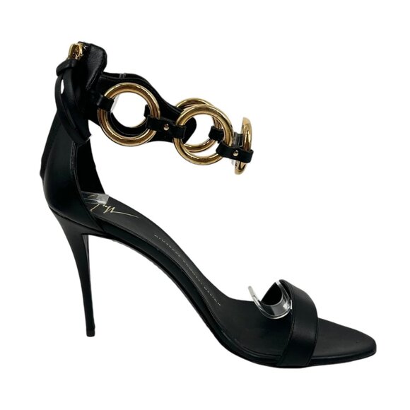 NWOB Giuseppe Zanotti Chain-Link Ring Ankle Strap Black Heeled Sandals - Picture 2 of 11